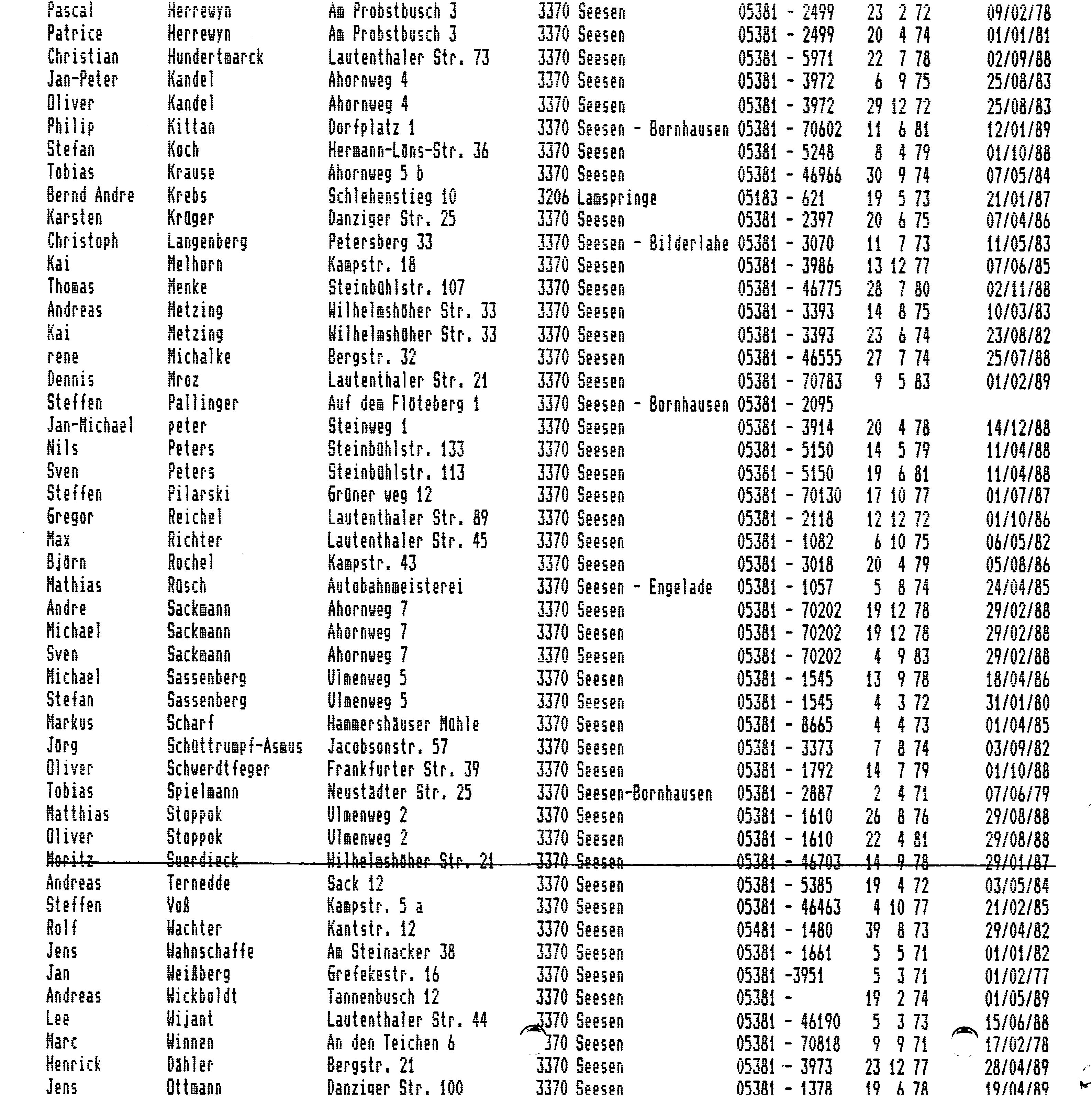 TC Mitgliederliste 1989 Seite 2